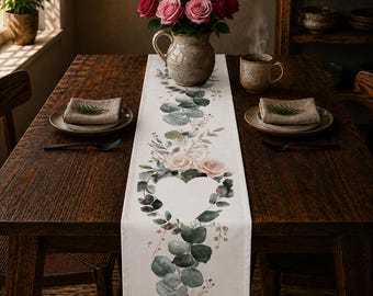 Table Runner Romantic Watercolor Hearts with Pink Roses and Leaves, Wedding or Valentine's Decor
