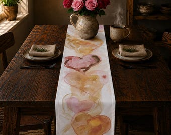 Table Runner Orange Pink Watercolor Hearts | Cotton Poly Heart Pattern Valentine's or Wedding Decor