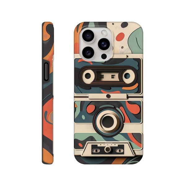 Funky 1970s cassette tape modern art-inspired tough phone case for newer iPhone and Samsung models. Retro music player 3D look, unique gift