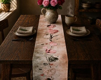 Table Runner Cottagecore Hearts and Wildflower Folk Art Decor, Wedding or Valentine's Design