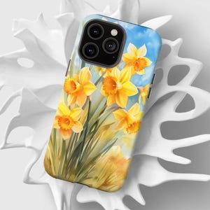 水仙の花の携帯電話ケース、水彩花柄、名前やイニシャルでカスタマイズ可能 iPhone 16 15 14 13 12 Samsung S25 S24 S23 S22 Pixel 9 8 7