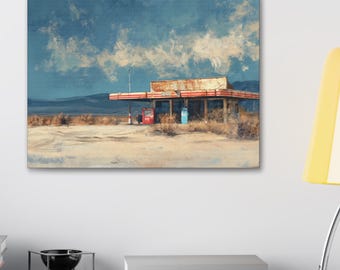 Desert Gas Station Canvas Print: Moody Landscape Art