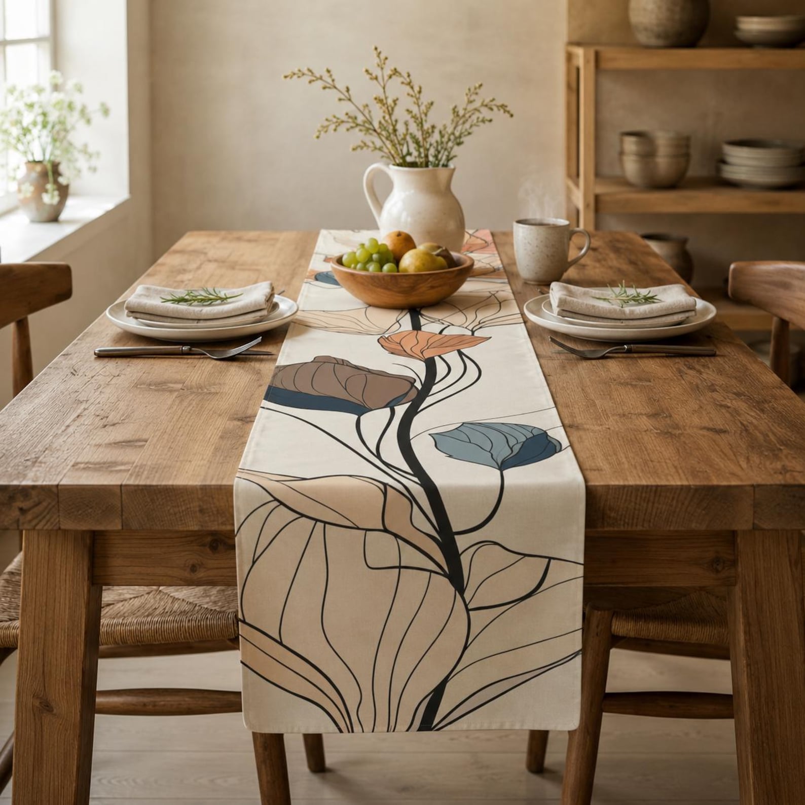 Table Runner Floral | Line Art Botanical - 16" × 72", Cotton Twill