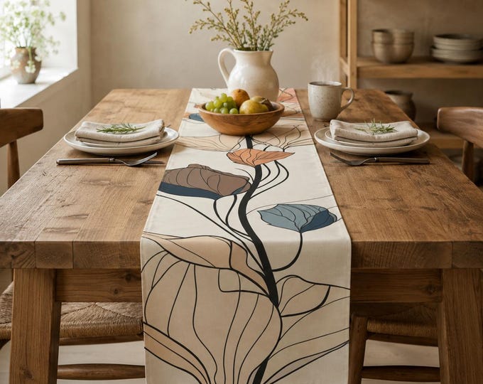 Table Runner Minimalist Floral | Line Art Botanical, Modern Dining Decor, Hostess Gift, Cotton or Poly
