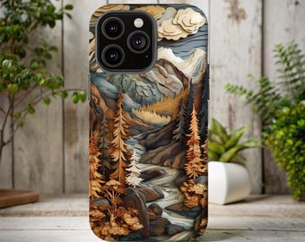 Faux Wood Inlay Phone Case: Forest Scene, Nature Inspired