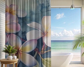 Douchegordijn lichtroze plumeria | Badkamerdecor tropisch eiland, Hawaïaans cadeau, 71 x 74 inch