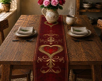 Table Runner Ornate Red Hearts | Vintage Romantic Cottagecore Dining Decor, Valentine Gift