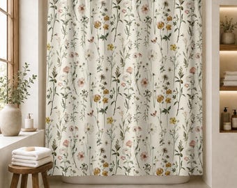 Shower Curtain Watercolor Wildflower Pastel | Cottagecore Bathroom Decor, Garden Gift, 71x74