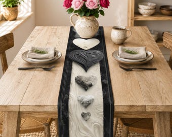 Table Runner Modern Hearts Plaster | Black Gray Minimalist Dining Decor, Valentine's or Wedding Gift