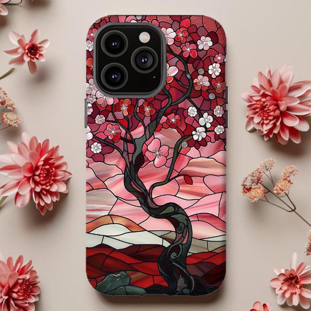 Cherry Tree Phone Case, Stained Glass Look Blossom, Sakura iPhone 16 15 ...