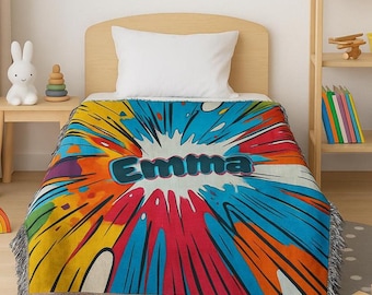 Personalized Retro Comic Book Blanket: Custom Name Throw, Cotton Fringe