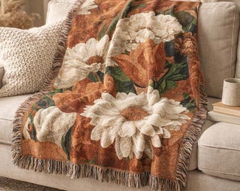 Woven Blanket Retro Floral Boho | Mid Century Vintage Flowers Cotton Throw, Gift for Her