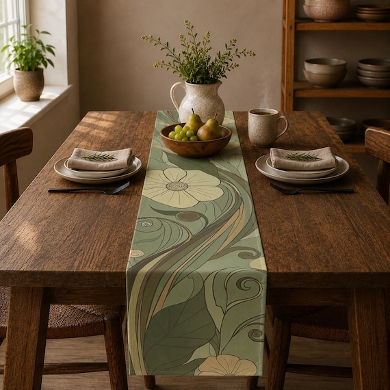 Table Runner Art Nouveau | Green Floral Botanical Dining Decor