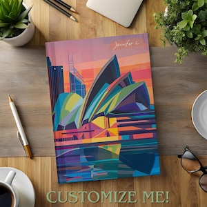 Diario de viaje personalizado de Australia. Cuaderno personalizado con el horizonte de Sídney. 150 páginas rayadas. Regalo para viajeros y aventureros.