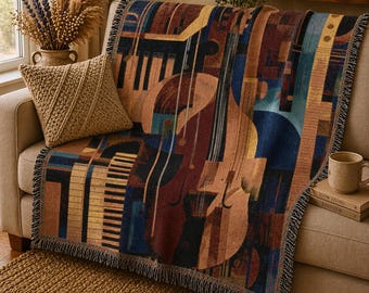 Music Themed Blanket - Musician Gift in 100% cotton, woven not printed, midcentury modern