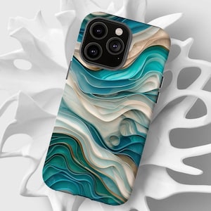 May include: A phone case with a blue and white abstract design. The design features swirling lines and shapes that resemble waves. The case has a cutout for the phone's camera.
