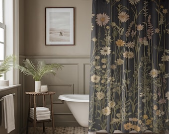 Wildflower Shower Curtain 71"x74" Black Floral Elegant Botanical Art Modern Bathroom Decor Minimalist Nature-Inspired Home Style Cottagecore