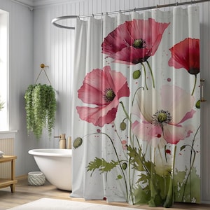 Pink and Red Poppy Floral Shower Curtain: Vintage Botanical Decor (71&quot;x74&quot;)