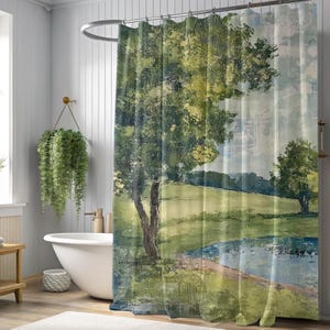 Pissarro Inspired Landscape Art Shower Curtain: Pastoral Bathroom Decor