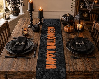 Chemin de table noir damassé | Décoration de salle à manger gothique d'Halloween, sombre élégante, effrayante décoration d'intérieur