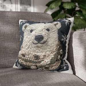 Funda de almohada navideña con osos polares, aspecto bordado, osos alegres con bufandas, cuadrado de dos caras sobre gamuza sintética, fundas de cojín
