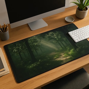 Skrivbordsmatta med dimmig skog, naturinspirerad landskapsmusmatta, kontorsinredning, ergonomisk