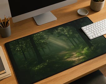 Desk Mat Misty Forest | Nature Inspired Landscape Art, Coworker Gift, Large Non-Slip