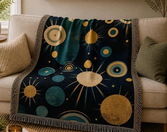 Woven Blanket Atomic Starburst Retro | Mid Century Modern Cotton Throw, Space Age Gift