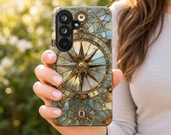 Phone Case Vintage Compass Stained Glass | Navigator Gift, Personalized Art, iPhone Samsung Pixel
