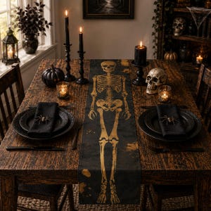 Table Runner Gold Skeleton | Gothic Halloween Dining Decor, Dark Glam, Spooky Home Gift