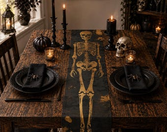 Table Runner Gold Skeleton | Gothic Halloween Dining Decor, Dark Glam, Spooky Home Gift