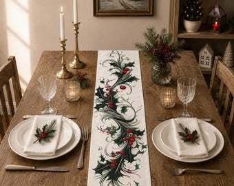 Table Runner Calligraphy Christmas | Holly Baskerville Decor, Elegant Holiday Dining Gift
