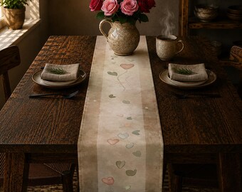 Table Runner Cottagecore Hearts and Wildflowers, Folk Art Wedding Decor, Cotton or Polyester