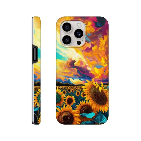 Pop Art Sunflowers colorful modern art inspired Tough phone case for newer iPhone and Samsung cell mobile models, Burst of France sunshine