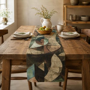 May include: A rectangular table runner featuring a geometric pattern of interlocking shapes in shades of brown, teal, and cream. The runner is laid flat on a wooden dining table, centered beneath a white ceramic pitcher filled with greenery.