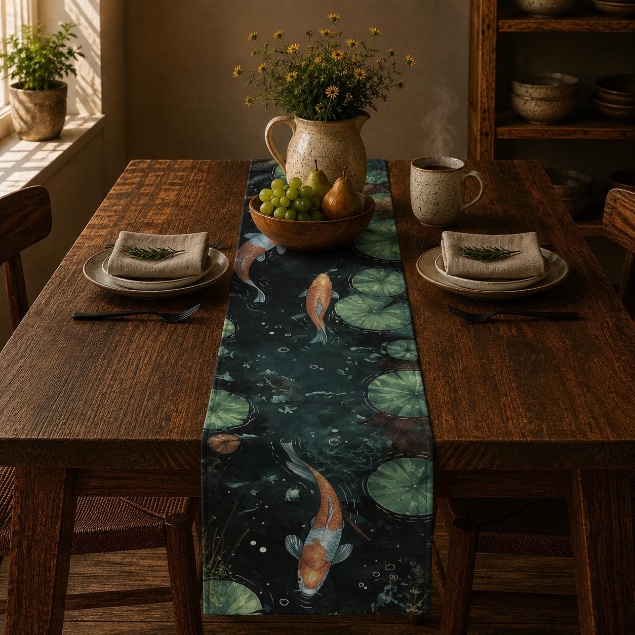 Table Runner Watercolor Koi | Japanese Zen Dining Decor, Asian