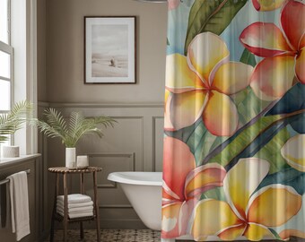Douchegordijn Tropische Plumeria | Hawaiiaanse bloemen badkamerdecoratie, strandhuis cadeau, 71x74 cm