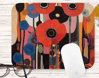 Può includere: Tappetino per mouse di arte astratta con un design colorato che presenta fiori di papavero rossi, blu, neri e gialli su uno sfondo nero.