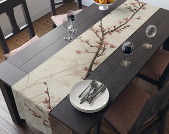 Sakura Cherry Blossom Table Runner, Japanese Floral Decor, Zen Dining, Pink White Cotton Poly, Bed Runner