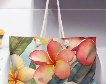 Bolso de fin de semana retro hawaiano con plumeria: bolso de viaje con estampado floral tropical.