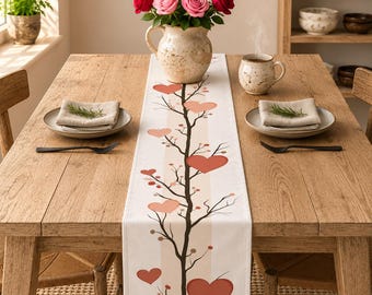 Table Runner Minimalist Scandinavian Hearts, Folk Art Cottagecore Valentine's or Wedding Decor