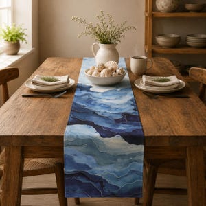 Table Runner Watercolor Ocean | Ombre Blue Coastal Dining Decor, Beach House Gift