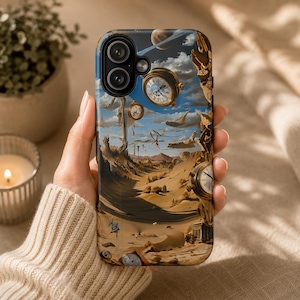 May include: A smartphone case featuring a surreal desert landscape with floating golden pocket watches, rocky formations, and a blue sky with clouds. The design includes a planet in the upper section and a small structure on the sandy ground.