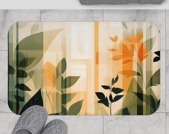 Bath Mat Botanical Mid Century | Retro Floral Non-Slip, Housewarming Gift, Memory Foam