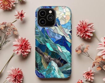 Stained Glass Mountain Phone Case, Landscape Art, faux metallic and pearl | iPhone 16 15 14 13 12 Samsung S25 S24 S23 S22 Pixel 9 8 7
