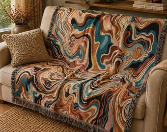 Woven Blanket Psychedelic 60s Wave | Retro Mod Art Cotton Throw, Housewarming Gift