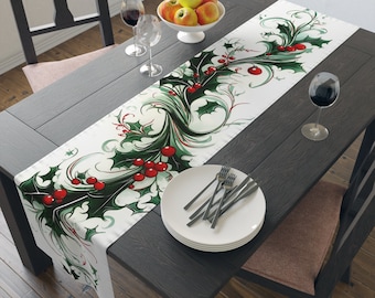 Calligraphy Christmas Table Runner: Baskerville Inspired Holly Decor