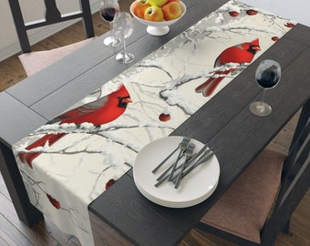 Red Cardinal Winter Table Runner: Audubon Bird, Snowy Branch Decor