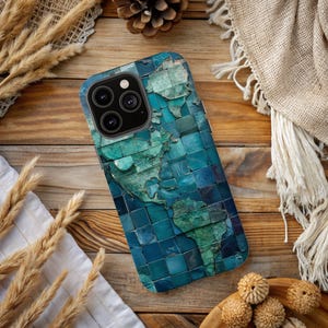 Phone Case Blue Green Mosaic World Map | Traveler Art Gift, iPhone Samsung Pixel Galaxy