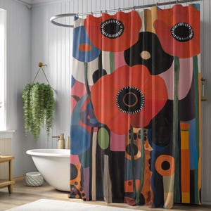 Modernist Red Poppy Shower Curtain: Bold Floral Bathroom Decor